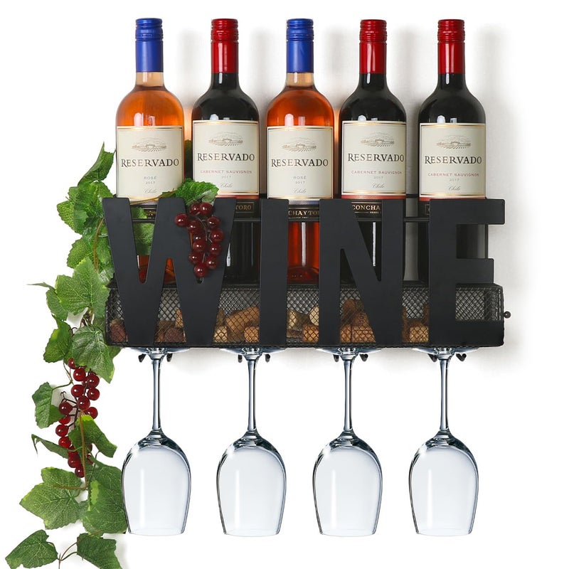 SODUKU Wall Mounted Metal Wine Rack - Wine Rack Wall Mount Wine Bottle Holder 4 Long Stem Glass Holder & Wine Cork Storage Wine - Image 1